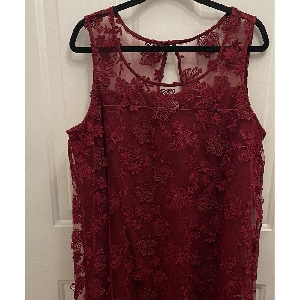Signature By Robbie Bee Burgundy Lace‎ Sheer Flower Sleeveless Dress Womens 1X